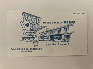 Ace Motor Lodge Motel Business Card Reno Nevada Nv 1950 