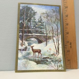 Vtg Christmas Card Deer Stone Bridge Snow Winter Scene Forget Me Not