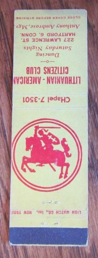 Knight On Matchbook Cover: Lithuanian American Club (hartford,  Connecticut) - E13