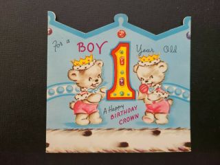 Vtg Rust Craft Birthday Greeting Card Diecut Crown Hat Boy 1 Yr Old Bears 1950s