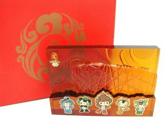 2008 Beijing Olympics Glass Paperweight Friendlies Mascots Amber Box Rare Find