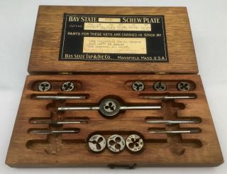 Antique Vintage Bay State Screw Plate Tap & Die Tool Set 26 - A,  Wood Case