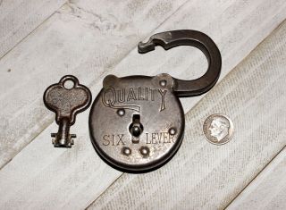 Vtg Antique Quality 6 Six Lever Simmons Hardware Padlock Lock & With Barrel Key