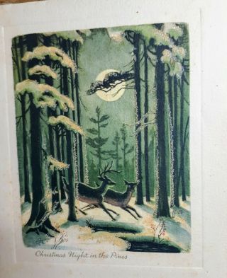 Vtg Christmas Card Deer Running Snowy Forest Full Moon Glitter 1940s