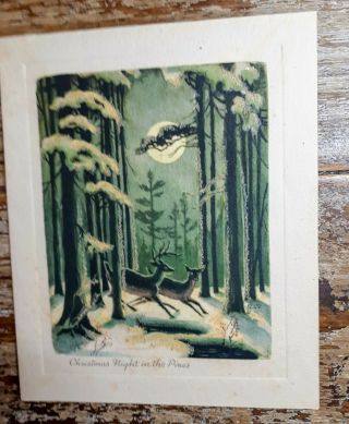 Vtg Christmas Card Deer Running Snowy Forest Full Moon Glitter 1940s 2