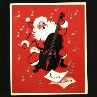 Vintage Mcm Old Christmas Greeting Card Art Print Santa Music Cello Season 