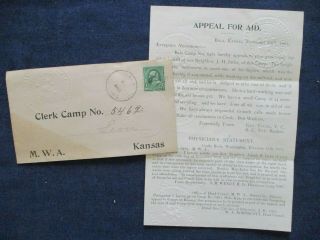 1901 Bala Kansas Cancel On Mwa Lodge Cover With Member J H Imler Aid Notice
