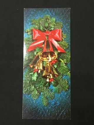 Vintage Tall 8 " Photo Christmas Greeting Card Gold Bells On Blue