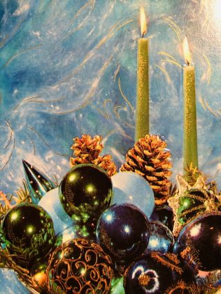 Vintage 60s Christmas Card Candles Pine Cones Blue Green Ball Ornaments Gold Emb
