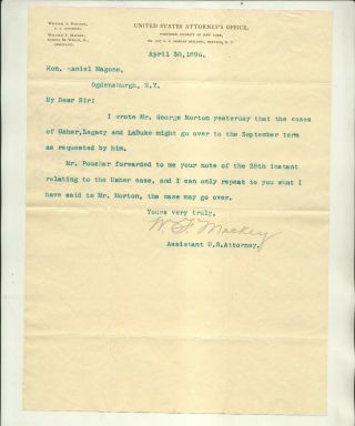 1896 Letter From William F Mackey United States Attorney 