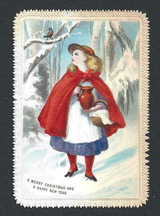R66 - Girl With Red Cloak - Goodall - Victorian Xmas Card With Embossed Edges