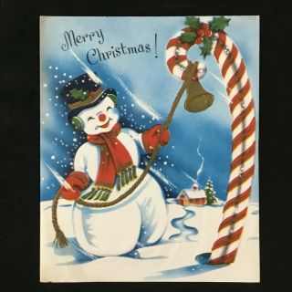Vintage Mcm Old Christmas Greeting Card Art Print Snowman Candy Cane Bell D - A