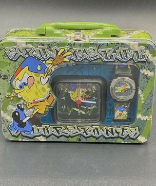 Nib Spongebob Squarepants Watch & Travel Clock Set Collectible ‘05 Nickelodeon