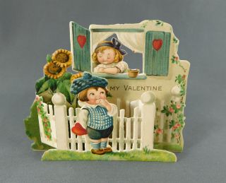 Vtg German Die - Cut 3 D Fold Out Valentine Card Boy W/heart Outside Girl 