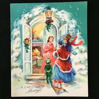 Vintage Mcm Old Christmas Card Art Print Die Cut Door Home Family Bringing Gifts