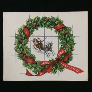Vintage Mcm Old Christmas Greeting Card Art Print Santa Sleigh Reindeer Wreath