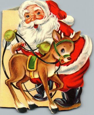 Santa Claus Reindeer Deer Harness Diecut Vtg Christmas Greeting Card