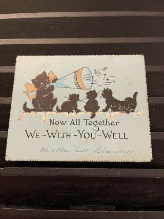 Vintage Greeting Card Get Well Black Cat Bugle Kittens Art Deco