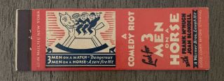 Vintage Matchbook Cover Movie Comedy " 3 Men On A Horse " 1936 Lion Match Co