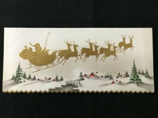 Vintage 8 " Wide Christmas Greeting Card Art Print Santa Reindeer Fly Over Town