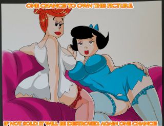 Betty Rubble & Wilma Flintstone Cg Color Illustration Sign Print 8.  5x11