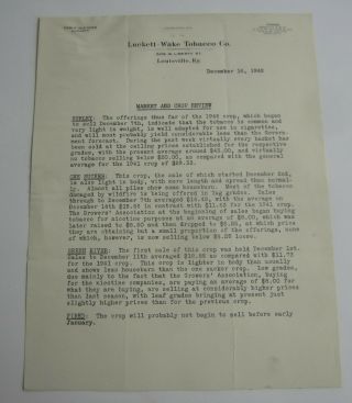 Old Vintage 1942 - Luckett Wake Tobacco Co.  Louisville Ky - Letterhead Document