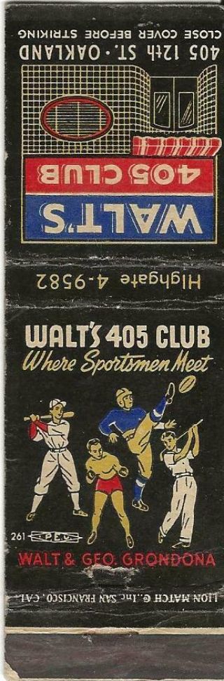 WALT ' S 405 CLUB - OAKLAND,  CALIFORNIA EARLY MATCH COVER 2