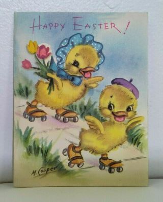 Vintage Greeting Card Easter Chicks Roller Skating,  Rust Craft,  Artist M Cooper