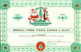 1957 Stock Share Cheer Santa Claus Reindeer Deer Vtg Christmas Greeting Card