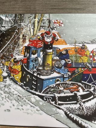Vtg Christmas Card Mcm Santa Lifeboat Carl Giles Rnli Royal National Lifeboat In