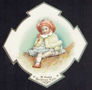 Shaped Victorian Christmas Greetings Card Little Girl In Large Hat And Cape