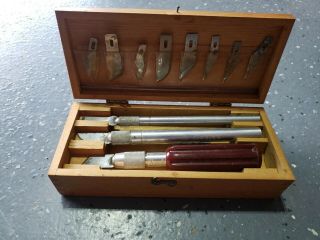 Vintage X - Acto Knife Set With Blades With Wood Storage Case Box Made In Usa