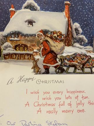 3 - D Pop - Out Santa Claus Reindeer Deer Sleigh Vtg Christmas Greeting Card