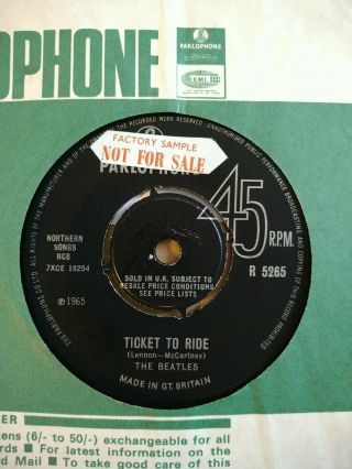 The Beatles - Ticket To Ride Rare Uk 1965 Promo Sample / 1st / Vg
