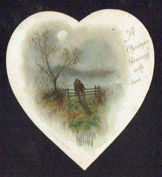 Heart Shaped Victorian Christmas Greetings Card Couple Embracing In Moonlight Hf