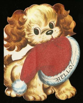 Vintage Christmas Card Die - Cut Puppy Dog Holds Flocked Stocking Cap Whitman