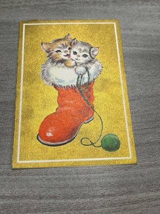 Vintage Greeting Card Christmas Santa Boot Cat Kitten