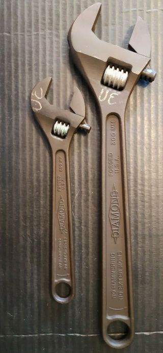Vintage Diamond Adjustable Wrench 12 " & 8 " Forged Usa - Both Properly.