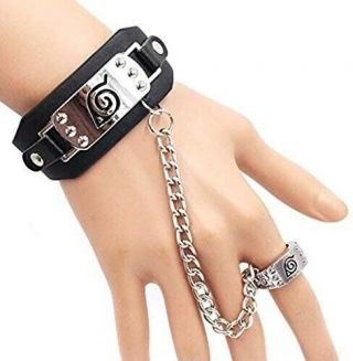 Anime Naruto Konoha Logo Leather Wristband & Bracelet Ring Cosplay Jewelry Gift