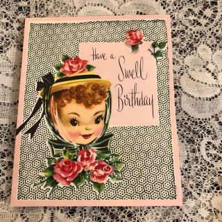 Vintage Greeting Card Swell Birthday Cute Girl Hat Glitter