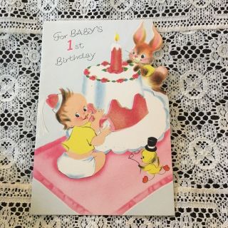 Vintage Greeting Card Baby 1st Birthday Cake Bunny Duck Norcross