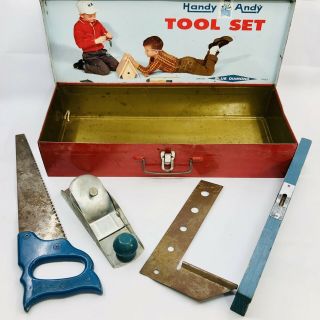 Vtg Handy Andy Tool Set Skil - Craft Toy Tool Box Saw Plane Level Blue Diamond