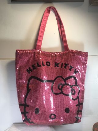 Sanrio Hello Kitty Pink Sequin Tote Bag 14x14 Snap Closure.  Some Strap Wear