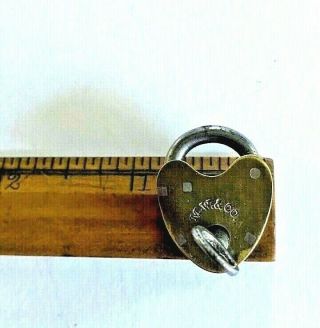 Antique M.  W.  & Co Miniature Brass Heart Shaped Padlock With Key