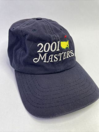 Vtg 2001 The Masters Golf Hat Cap Adjustable Tiger Woods Augusta National Blue 2