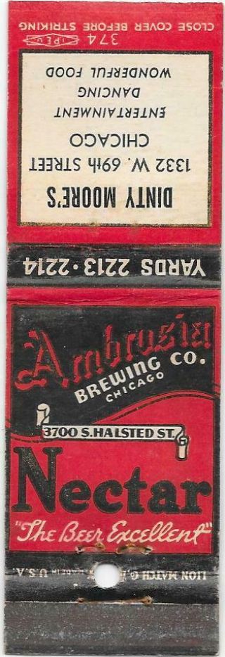 Ambrosia / Nectar Beer Matchbook - Chicago,  Il - Dinty Moore 