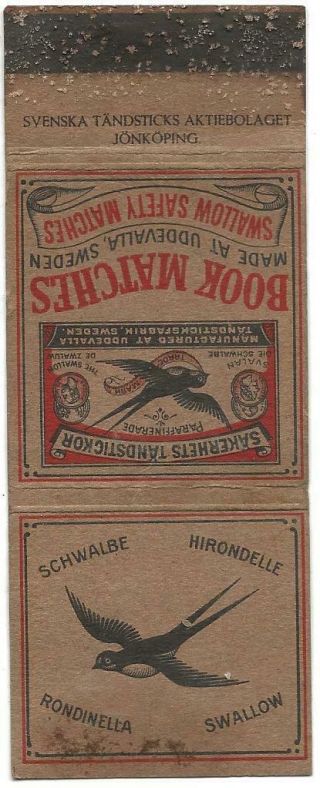 Swallow Safety Book Matches - Uddevalla,  Sweden Early Match Cover