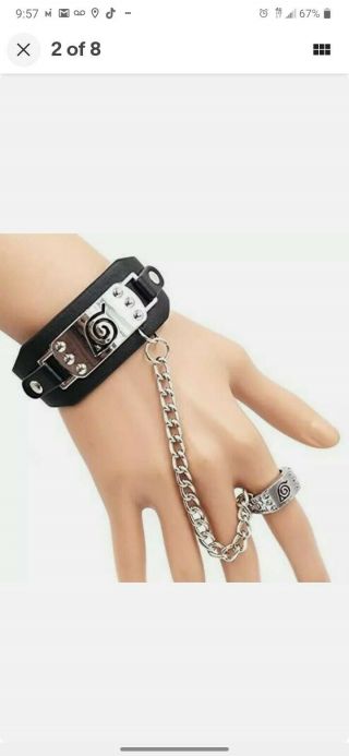 Anime Naruto Konoha Logo Leather Bracelet & Ring Cosplay Wristband