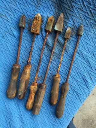 6 Vintage Antique Copper Wooden Handled Soldering Irons Ripe To Restore