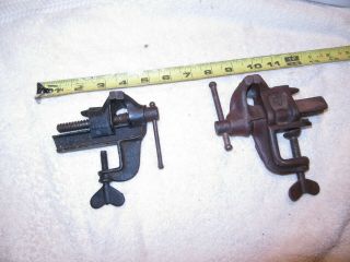 2 Vintage Small Clamp On Bench Vises Decent Good User Tools Unknown Makers